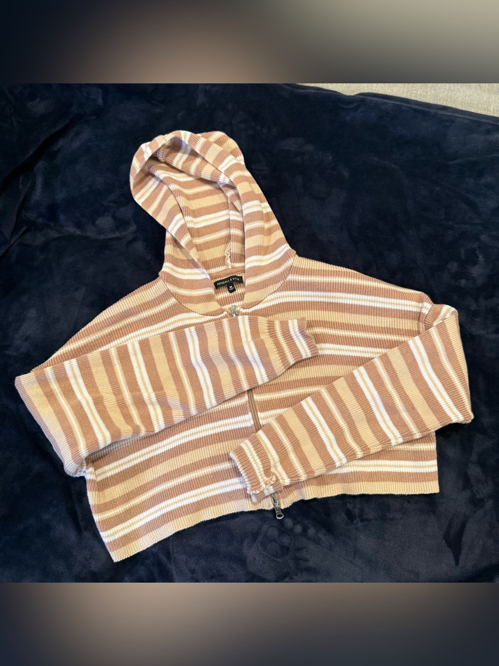 Kendall & Kylie Tan & white Striped Hooded Zip Sweater
